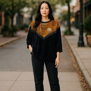 Vintage Maurada Cotton/Polyester Blend Tiger Print Tassle Black Top